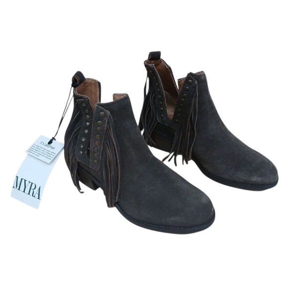 Myra NWT Dark Brown Fringe Leather Cyno Booties Size 6 - Picture 1 of 9